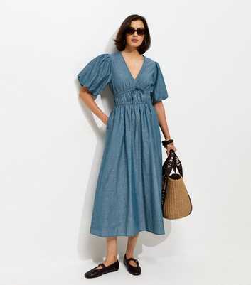 Light Blue Cotton Chambray Puff Sleeve Midi Dress