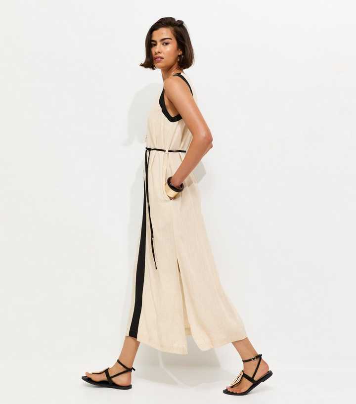Cream Contrast Trim Column Midi Dress