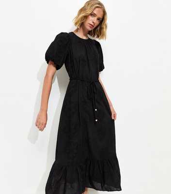 Black Embroidered Puff Sleeve Midi Dress