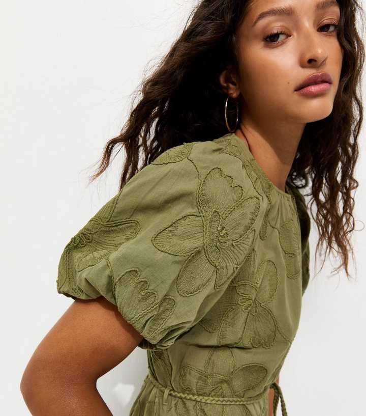 khaki embroidered dress Whispered Garden Embroidered Midi Dress