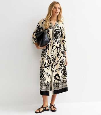 Cream Floral Border Tile Print Midi Shirt Dress