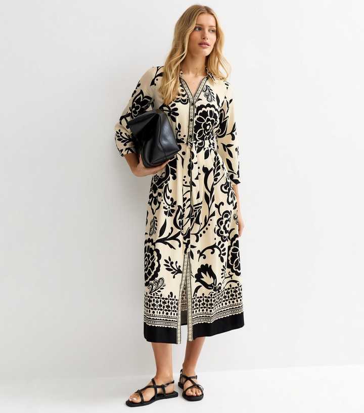 Cream Floral Border Tile Print Midi Shirt Dress