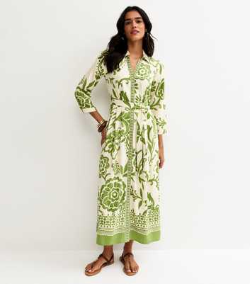 Green Floral Border Tile Print Midi Shirt Dress