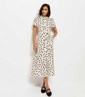 White and Black Frill Trim Polka Dot Shirt Midi Dress