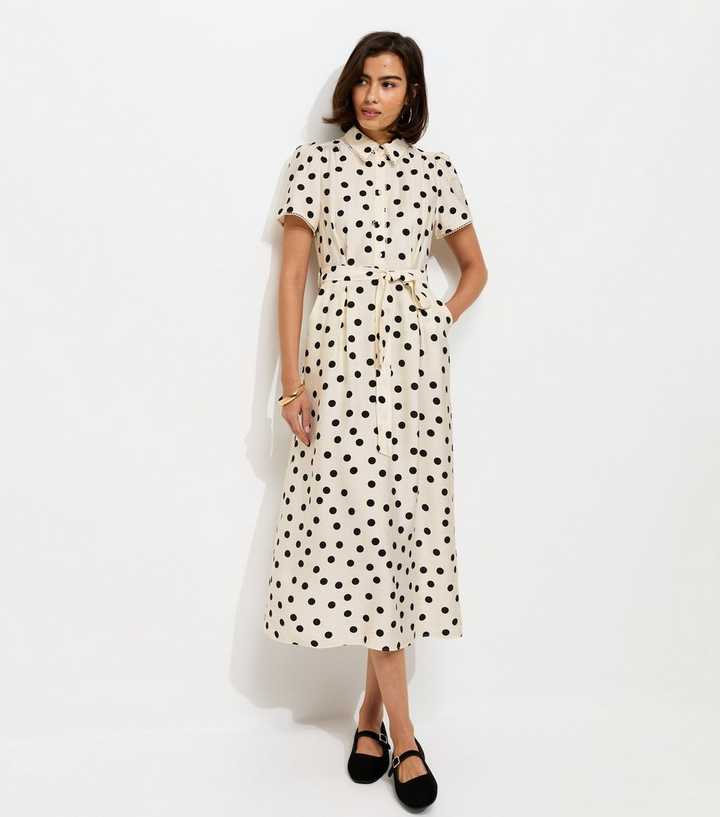 White and Black Frill Trim Polka Dot Shirt Midi Dress