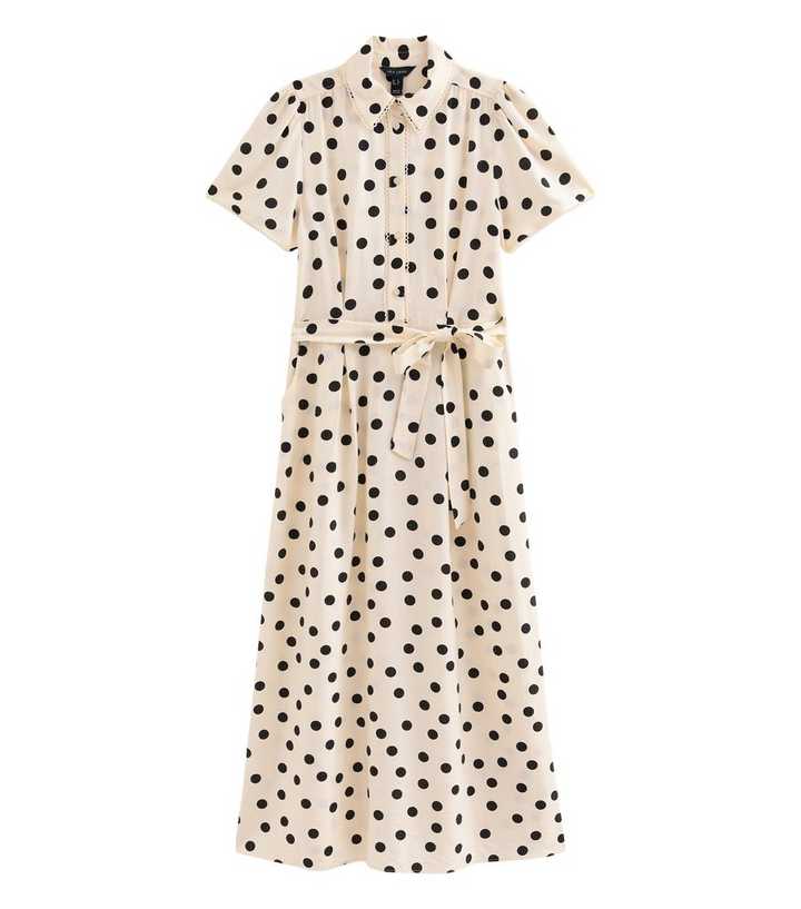 White and Black Frill Trim Polka Dot Shirt Midi Dress | New Look