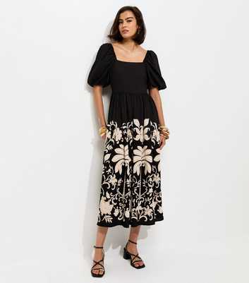 Black Floral Border Print Milkmaid Midi Dress