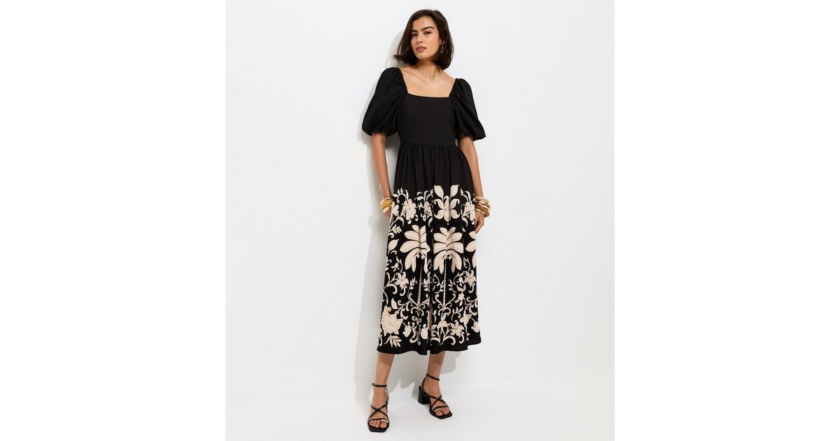 black ditsy print milkmaid midi dress Yours Women's Plus Size Black Ditsy Floral Midi Dress Size 18-20