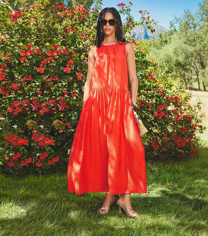 Bright Orange Drop Waist Sleeveless Midi Dress | New Look Bright Orange Drop Waist Sleeveless Midi Dress | New Look