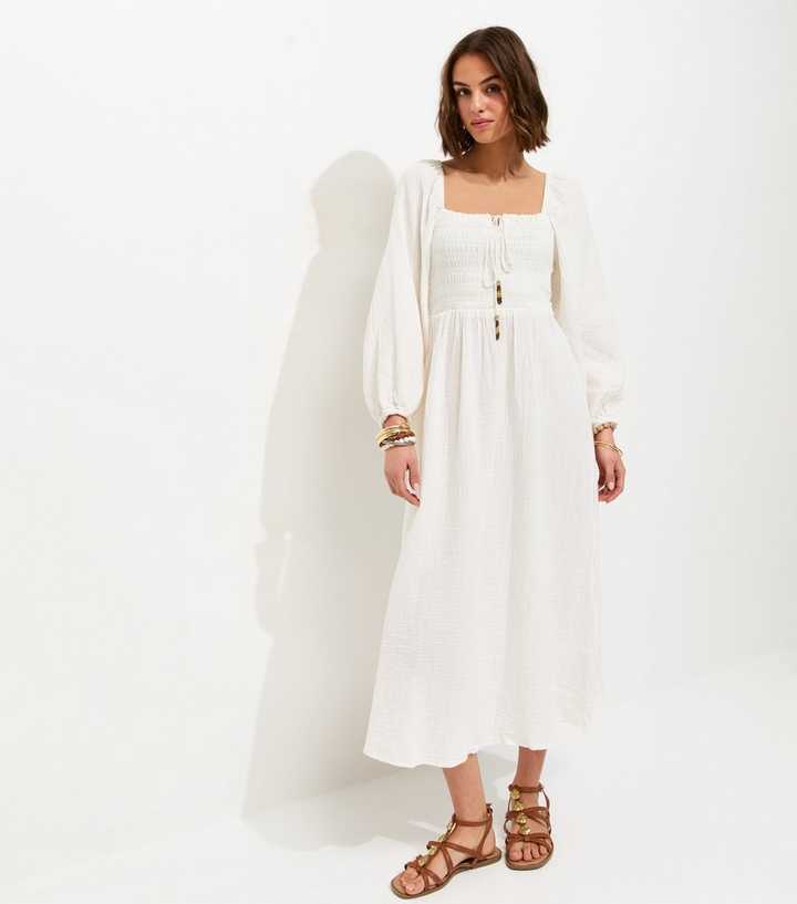 White Cotton Shirred Milkmaid Midi Dress