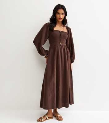 Dark Brown Cotton Shirred Milkmaid Midi Dress