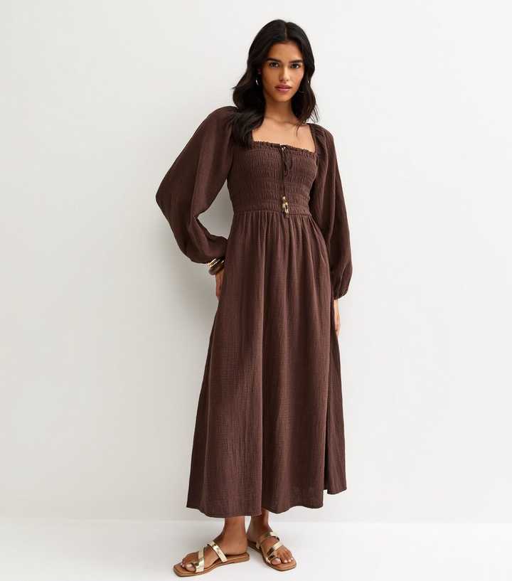 Dark Brown Cotton Shirred Milkmaid Midi Dress