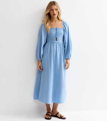 Light Blue Cotton Shirred Milkmaid Midi Dress