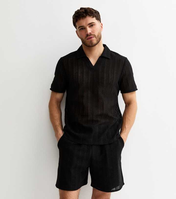 Black Regular Crochet Drawstring Shorts