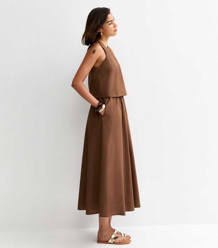 Dark Brown Layered Sleeveless Midi Dress | New Look