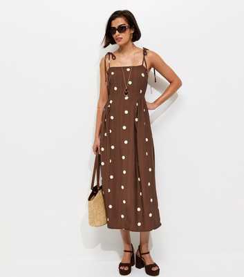 Brown Spot Print Cami Godet Midi Dress