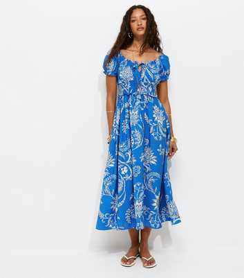Blue Leaf Pattern Shirred Midi Dress