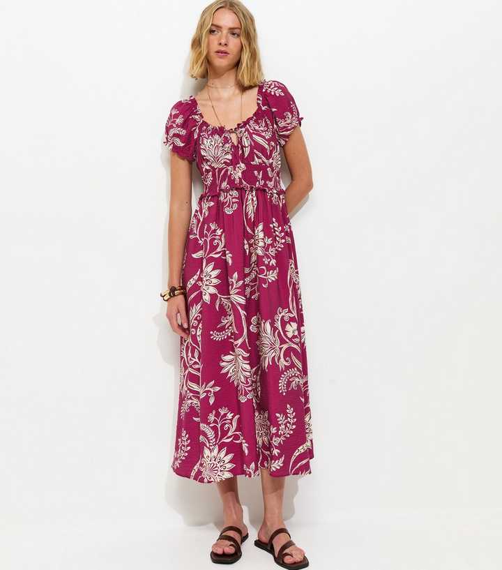 Burgundy Leaf Pattern Shirred Midi Dress