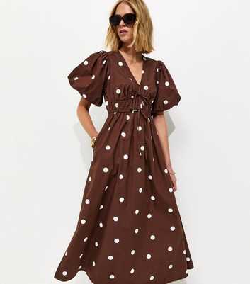 Brown Polka Dot Puff Sleeve Midi Dress