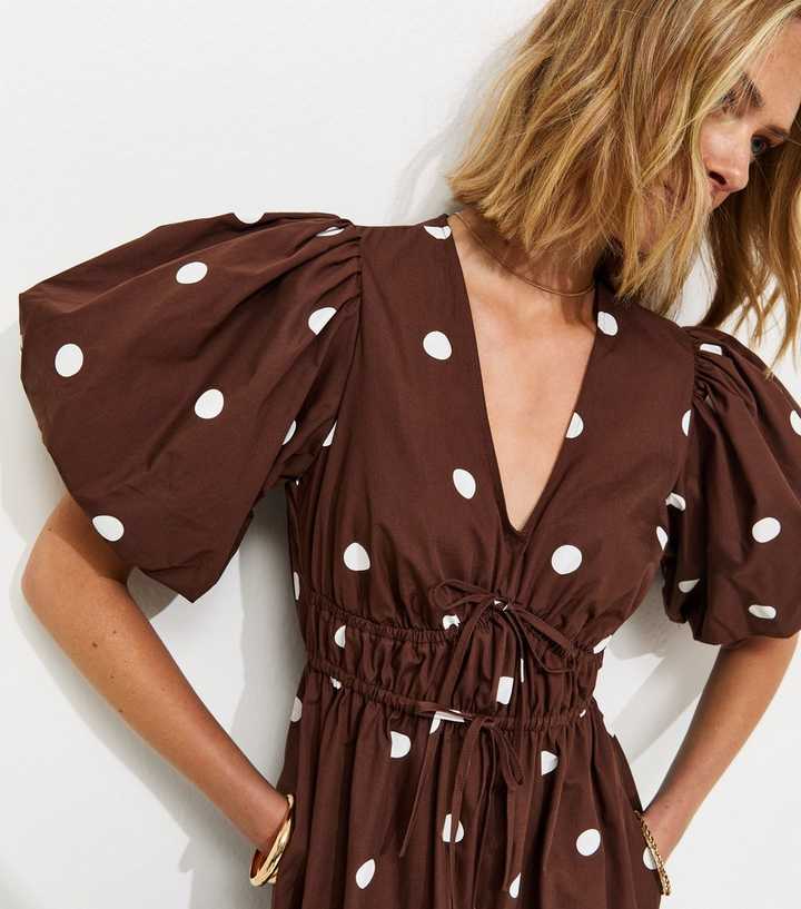 new look brown polka dot dress Brown Polka Dot Drop Waist Midi Dress