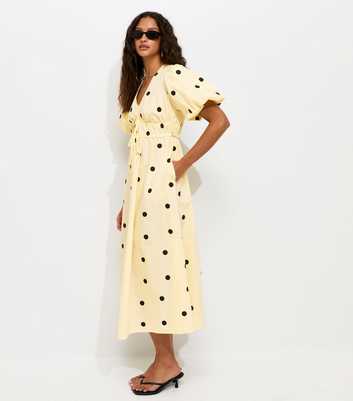 Yellow Polka Dot Puff Sleeve Midi Dress