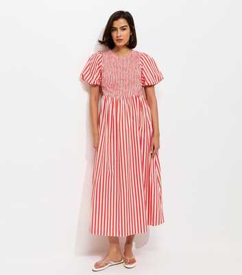 Pink Striped Puff Sleeves Shirred Smock Midi Dress