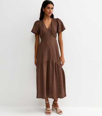 Brown Spot Print Tiered Midi Tea Dress