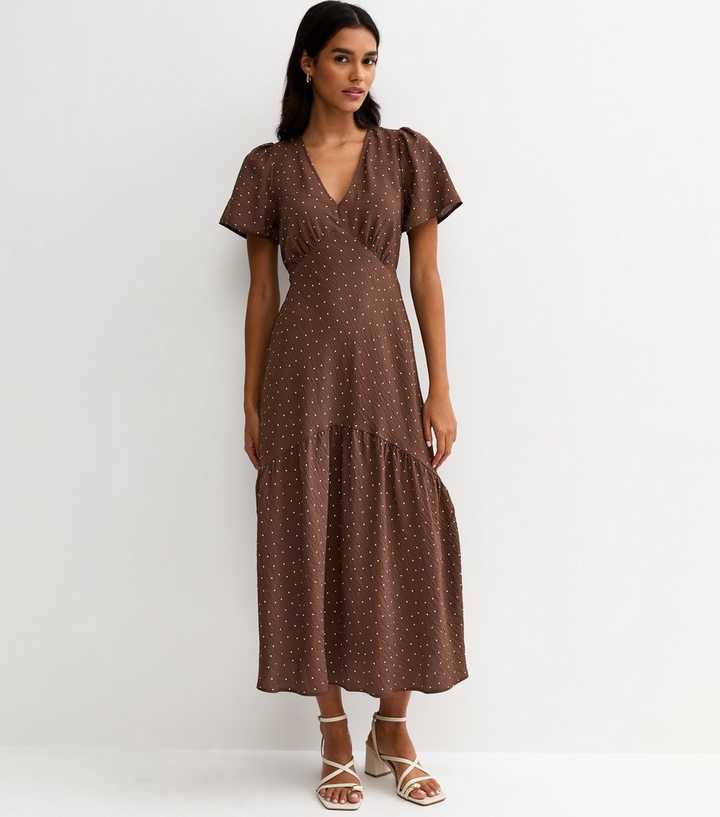 Brown Spot Print Tiered Midi Tea Dress