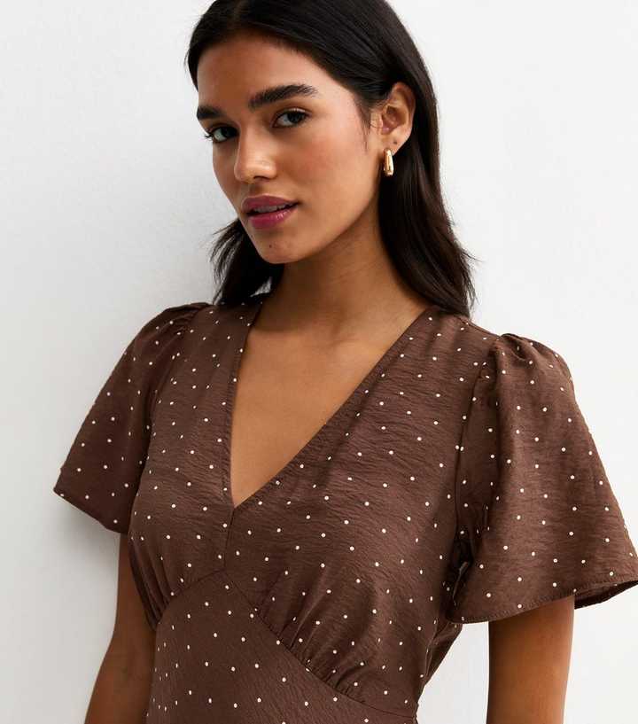 Brown Spot Print Tiered Midi Tea Dress