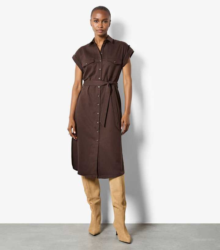 Apricot Brown Collared Midi Dress