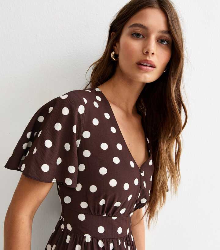 Brown Polka Dot Flutter Sleeve Midi Dress | New Look