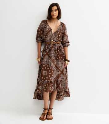 Brown Bandana Print Ruffle Hem Midi Dress