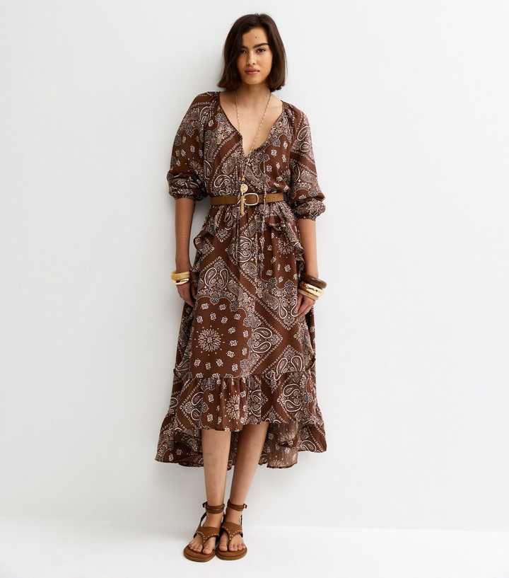 brown bandana print dress Organic Cotton Long Sleeve Maxi Dress in Floral Bandana | Women's XS
