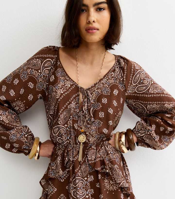 Brown Bandana Print Ruffle Hem Midi Dress | New Look