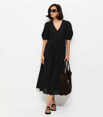 Black Embroidered Smock Midi Dress