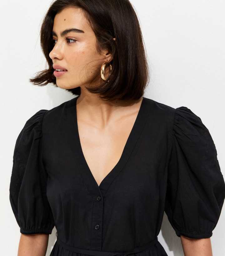 Black Embroidered Smock Midi Dress | New Look