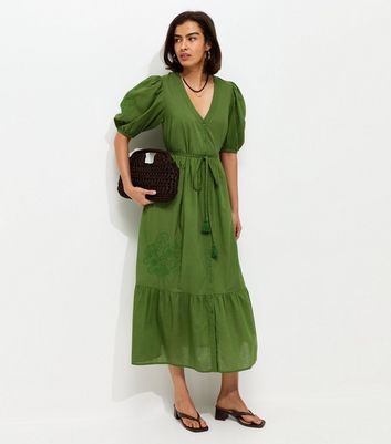 Bright Green Embroidered Smock Midi Dress | New Look