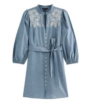 Light Blue Chambray Embroidered Smock Mini Dress