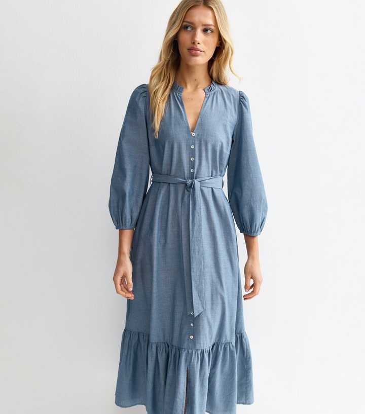 Light Blue Chambray Grandad Neck Midi Dress