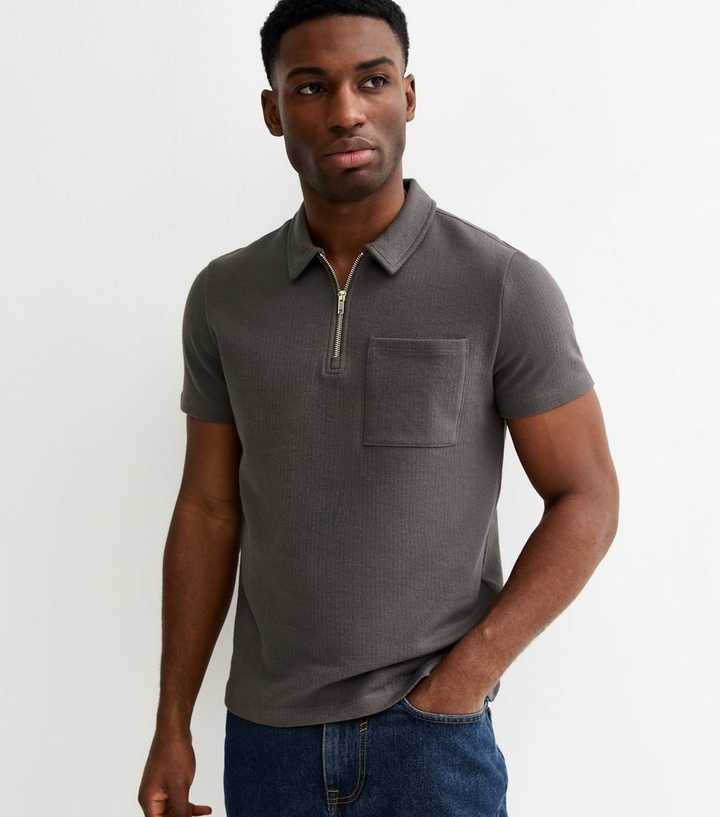 Dark Grey Regular Textured Quarter Zop Polo Shirt