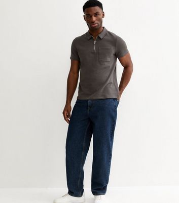 Dark Grey Regular Textured Quarter Zop Polo Shirt | New Look