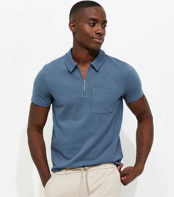 Dark Blue Regular Textured Quarter Zop Polo Shirt
