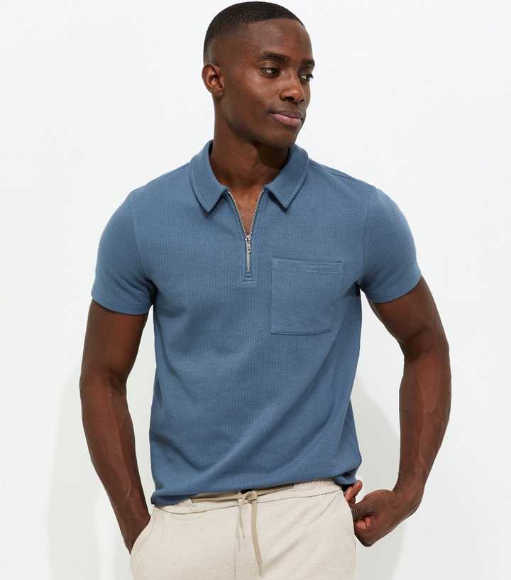 Dark Blue Regular Textured Quarter Zop Polo Shirt