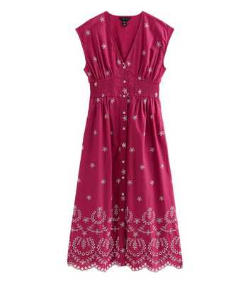 Pink Embroidered Sleeveless V Neck Midi Dress