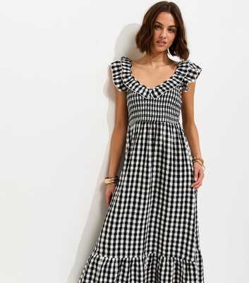 Black Cotton Gingham Ruffled Neck Midi Dress