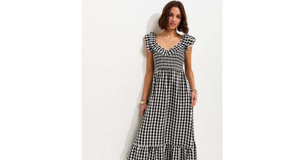 Black Cotton Gingham Ruffled Neck Midi Dress