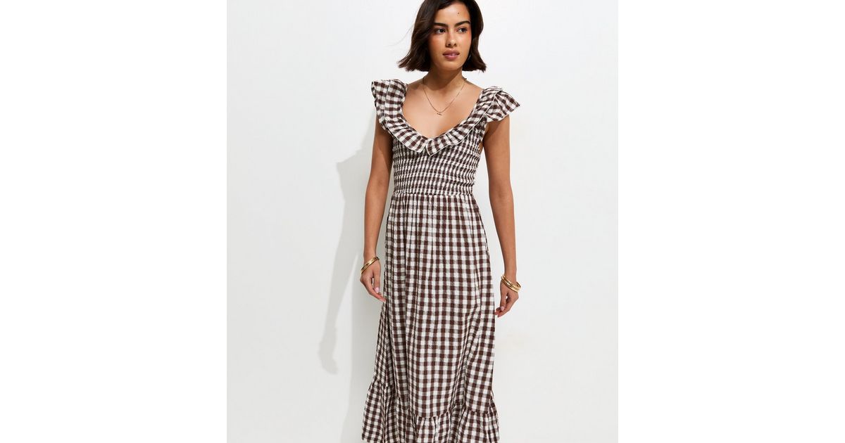 princess polly baby blue dress Véronique Dress - Lila Brown Gingham Embroidery - Organic Cotton main image 1