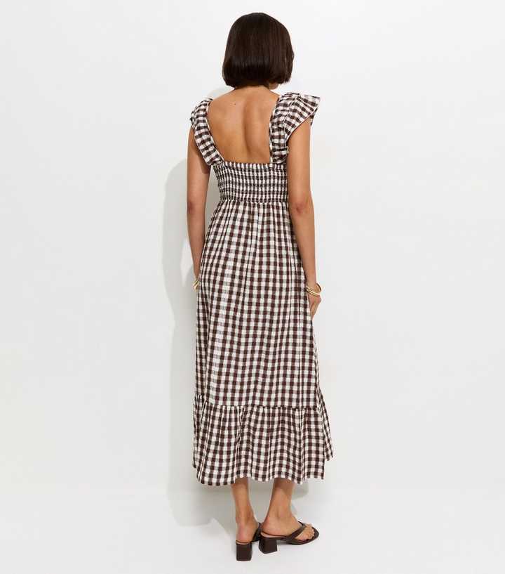 Brown Cotton Gingham Ruffled Neck Midi Dress | New Look