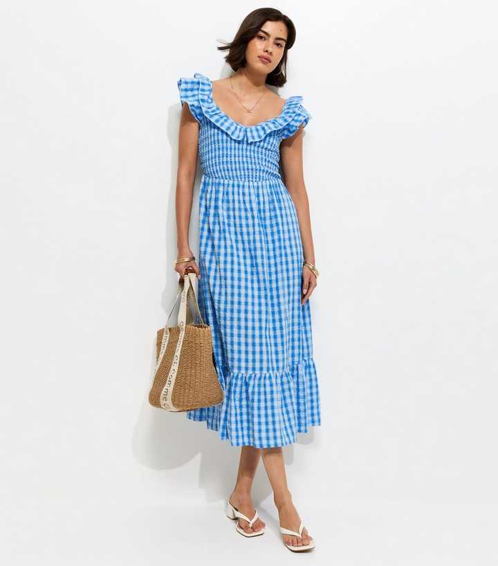 Blue Cotton Gingham Ruffled Neck Midi Dress