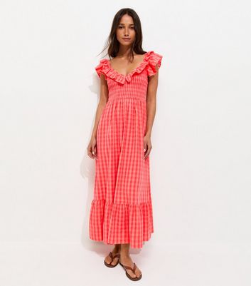 Red Cotton Gingham Ruffled Neck Midi Dress